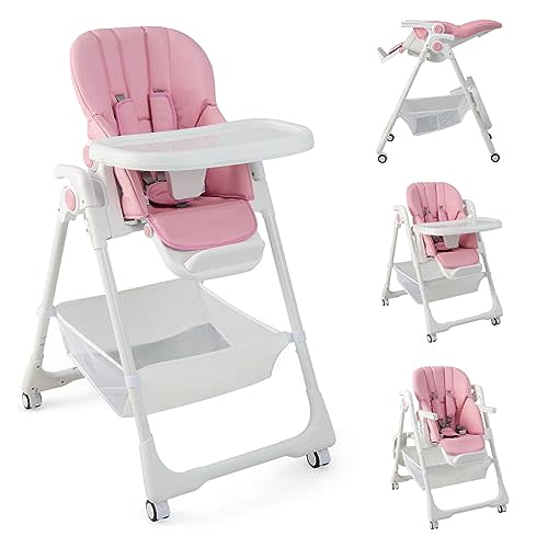 BABY JOY Baby High Chair, Foldable Highchair w/ 7 Heights, 5 Recline Positions, Adjustable Footrest, Removable Double Tray, Storage Basket, Portable High Chairs for Babies & Toddlers with Wheels, Pink