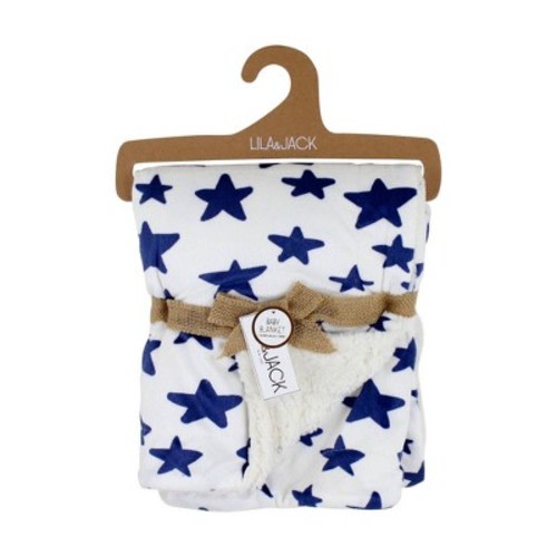 Lila and Jack Baby Blanket Navy Star Printed Mink with Natural Sherpa Backing Kids' Throw