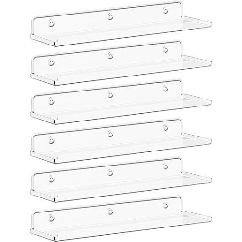Lifewit Floating Shelves for Wall, 6 Pack 15" Clear Acrylic Shelf Room Decor for Book/Figures/Photo/Makeup in Bathroom, Book Shelf, Living Room, Bedroom, Kitchen Storage and Organization