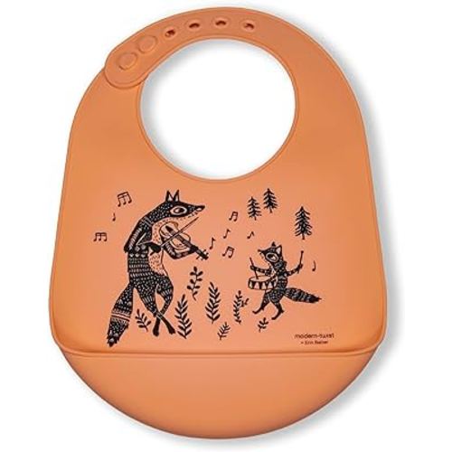 Modern Twist Bucket-Bib 100% Food-Grade Silicone, Waterproof and Reusable, Fox Family – Melon