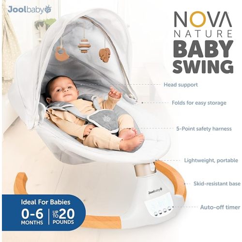 Nova Nature Baby Swing for Newborns – Natural Wood Toys, Electric Motorized Infant Swing, Bluetooth Music – Jool Baby