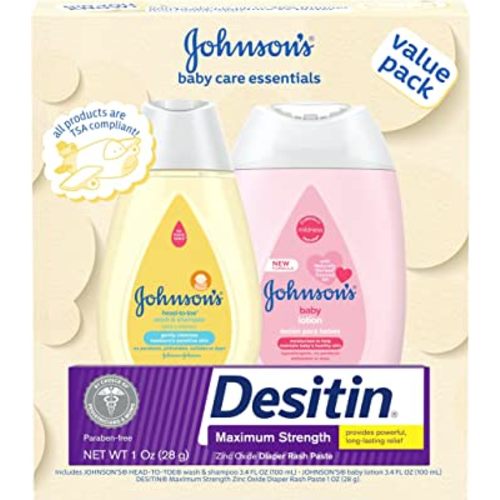 Johnson's Baby Care Essentials Gift Set, Baby Skincare Set with Body Wash & Shampoo, Body Lotion, & Zinc Oxide Diaper Rash Paste for Baby's Delicate Skin, Value Pack, Travel-Size, 3 Items