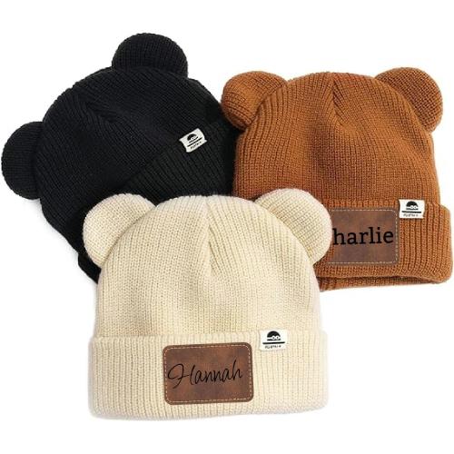 Personalized Baby Beanie with Ears – Custom Engraved Leather Patch - Custom Baby Kids Child Baby Newborn Beanie