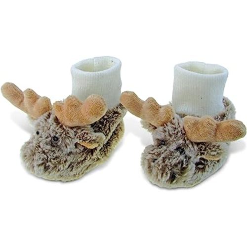 DolliBu Brown Moose Soft Plush Baby Shoes - Soft & Fluffy Wild Life Fleece Unisex Footwear with Stuffed Animal Moose for Baby Boy or Girl - Fuzzy Indoor Slipper, Winter Foot Warmer - One Size