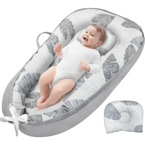 JIFTOK Baby Nests Lounger for Newborn, Snuggle Sleeping Bassinet for 0-24M, Breathable Portable Co Sleeping Bed, Baby Essentials Adjustable Infant Soft Cotton Loungers for Home & Travel -Leaves