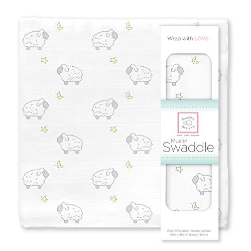 SwaddleDesigns Cotton Muslin Swaddle Blanket, Receiving Blanket for Boys & Girls, Best Shower Gift, 46x46 inches, Little Lambs, Sterling