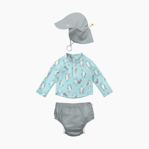 GREEN SPROUTS UPF 50+ Snap Swim Diaper & Rashguard Set with Hat - Gray/Light Aqua Blue, 0-6 Months