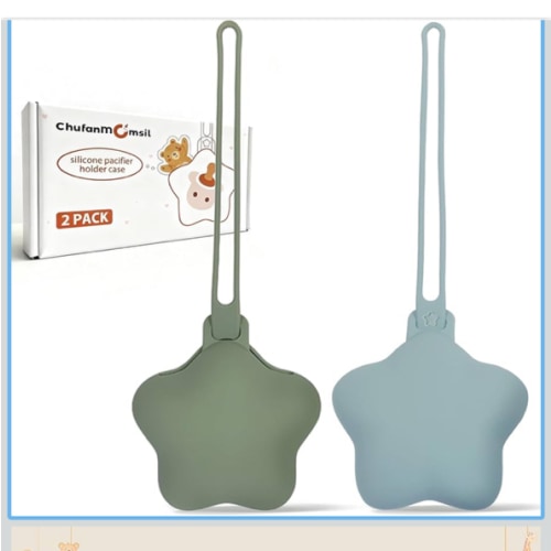 Silicone Pacifier Holder Case, ChufanMomsil Pacifier Pouch Storage Case for Diaper Bags, Cute Silicone Pacifier Holders for Newborn Baby Boy Girl, 2 Pack Stars, Green + Blue