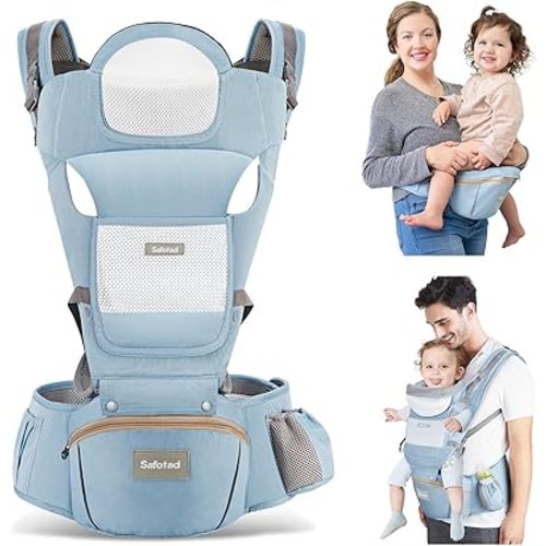 Baby Carrier with Hip Seat,Ergonomic M Position 6in1 Baby Carrier Newborn to Toddler,Head Support and Breathable Mesh Newborn Carrier,Adjustable Baby Holder Carrier for Dad&Mom-Blue