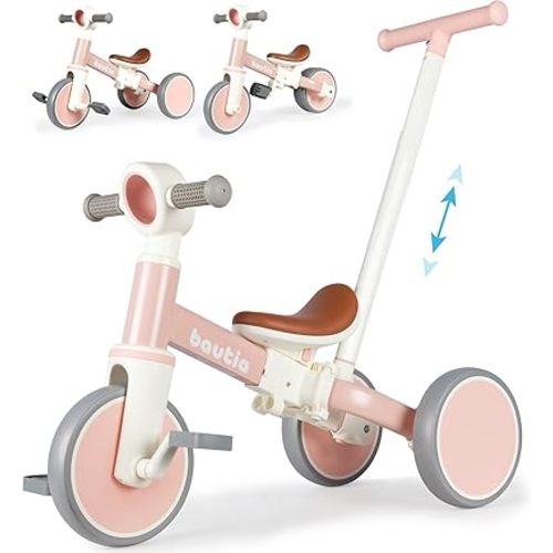 Kids Tricycle for Toddlers 1-3 with Push Handle, 5 in 1 Baby Balance Bike Toy for 1-4 Years Old Boys Girls Gift with Removable Pedals (No Parent Steering Version)