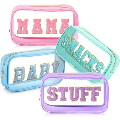 4 Pcs Mama and Baby Toiletry Bag Clear Chenille Letter Pouch Snacks Makeup Stuff Travel Diaper Bag Preppy Transparent Pouch with Zipper for Women Gift(Pastel Color)