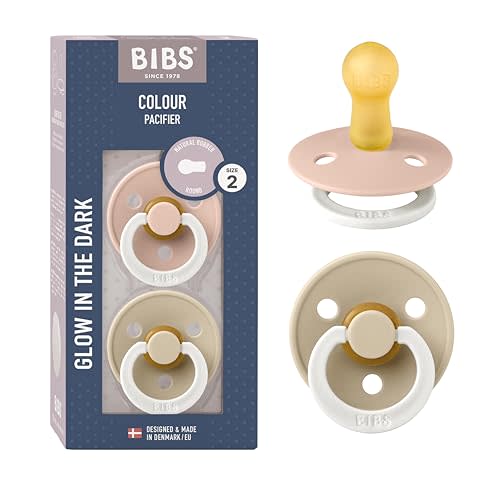 BIBS Pacifiers Colour Collection | Natural Rubber Baby Pacifier | Set of 2 BPA-Free Soothers | Made in Denmark | 6+ Months (Pack of 2) | Blush Night/Vanilla Night