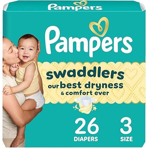 Pampers Swaddlers Diapers, Size 3 (13-26 lbs), 26 Count, Hypoallergenic, Absorbent, Keeps Baby Dry and Comfortable, Skin Safe Disposable Baby Diaper