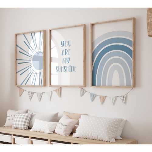 BOHO You Are My Sunshine Printable Wall Art, Nursery Art, Set of 3, Sun Rainbow Print, Blue Nursery Decor, Playroom BHSS3 INSTANT DOWNLOAD