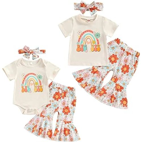 Big Sister Little Sister Matching Outfits Baby Girl Outfit Romper/Shirt Flared Pants Headband Summer Clothes