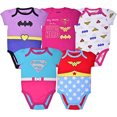 WARNER BROS DC Comics Girls Short Sleeve Bodysuit 5 Pack for Newborn and Infant