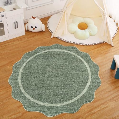 GarveeHome Scalloped Washable Non-Slip Round Rug 4 ft, Greyish Green