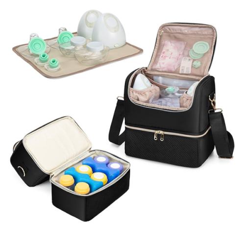 Fasrom Breast Pump Bag with Cooler Compartment Compatible with Momcozy, Medela and Willow Hands Free Pump, Pumping Tote with Waterproof Mat, Black