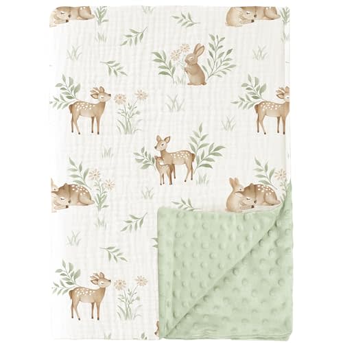 Konssy Baby Blankets for Unisex Boys Girls, Super Soft Nursery Minky Blankets with Muslin Cotton Front and Dotted Fleece Backing, Printed Bed Throws Newborn