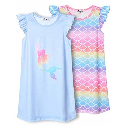 Jxstar 2-Pack Nightgown for Girls Flutter Sleeve Pajamas Cotton Sleepwear Night Dresses