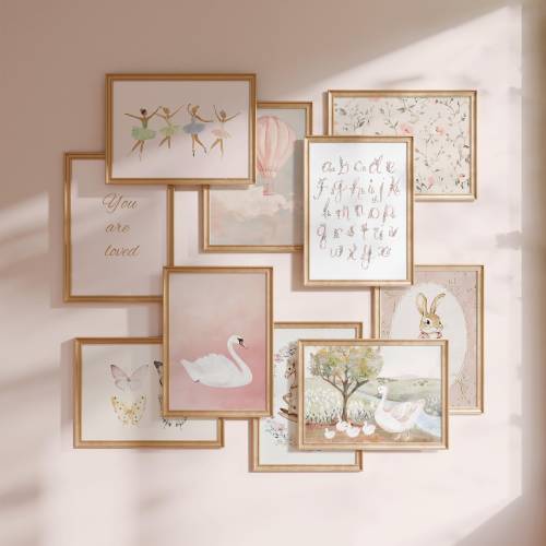 Vintage Pink Nursery Prints - Set of 10 Wall Art Digital Downloads - Baby Girl Room Decor Pink - Vintage Kids Room Gallery Wall Art