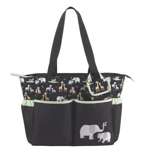 Baby Essentials Multi-Pocket Jungle Animals Baby Diaper Tote Bag with Matching Foldable 6 Ply Diaper Changing Pad and Velcro Closure Pacifier Pouch, 5 pockets