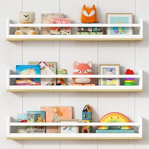 Upgraded Wall Bookshelf for Kids Room 36 Inches Long, White and Wood Nursery Floating Bookshelves for Wall, Hanging Book Shelves for Toddler Kid Child Bedoom Classroom Library-Set of 3