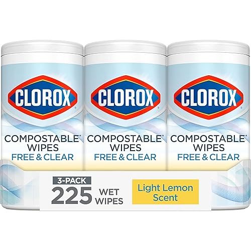 Clorox Free & Clear Compostable Cleaning Wipes, Light Lemon Scent, 75 Count, Pack of 3 (Pack May Vary)