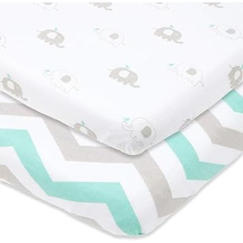 Travel Crib Fitted Sheets Compatible With Guava Lotus, Baby Bjorn, Dream on Me Travel Crib Light Playard – Fits Perfectly on 24 x 42” Mattress Without Bunching Up – Snuggly Soft Jersey Cotton – 2 Pack