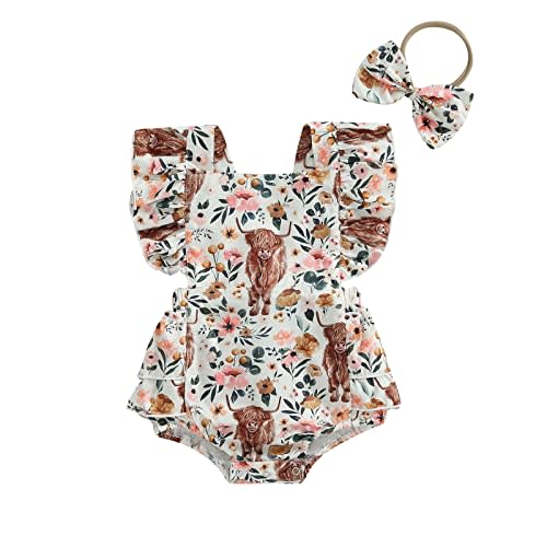 Karuedoo Western Baby Girl Clothes Cow Print Romper Ruffle Sleeveless Jumpsuit Bodysuit Headband Infant Cowgirl Outfit