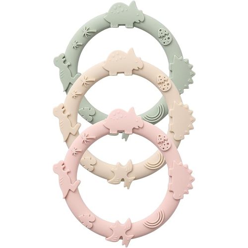 Silicone Teethers for Babies 0-6 6-12 Months Teething Toys for Infants Baby Chew Toys for Sucking Needs Baby Teething Rings for Infant Boys and Girls 3 Pack-Dinosaur-Blush
