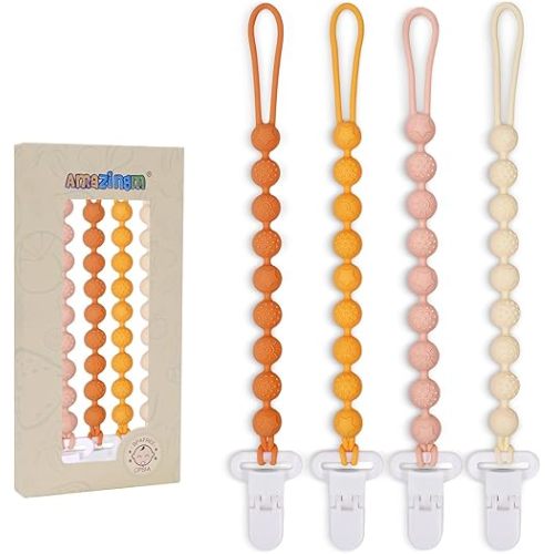 One Piece Design Silicone Pacifier Clip Holder,Pack of 4 Flexible Paci Leash,Binky Clips with Textures for Baby Boys and Girls,Newborn Essential (Yellow)