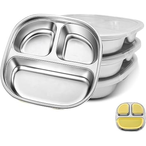 Stainless Steel Kids Plates with Suction Base & Lids | 3-Pack Non-Toxic Toddler Dinnerware Set | 316L Dishwasher-Safe, Spill-Proof Design for Daycare, Travel, Home Use