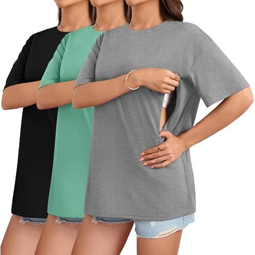 3 Pack Women's Oversize Nursing Breastfeeding Shirts Hidden Zipper Cotton Short Sleeve Loose Fit Maternity Tops