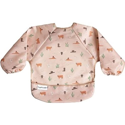 Tiny Twinkle Mess Proof Baby Bib, Cute Full Sleeve Bib Outfit, Waterproof Bibs for Toddlers, Machine Washable, Tug Proof Closure, Baby Smock for Eating, Long Sleeved (Cowboy, Small 6-24 Months)