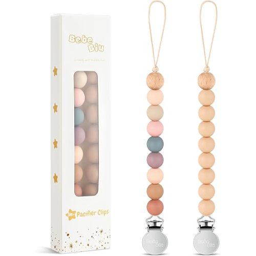 2 Pack Pacifier Clips, Silicone Pacifier Clip for Baby Boys and Girls, Baby Pacifier Strap with Silicone Beads, Soother Dummy Holder, Pacifier Holder, Keeps Pacifier Clean (Blossom/Apricot)
