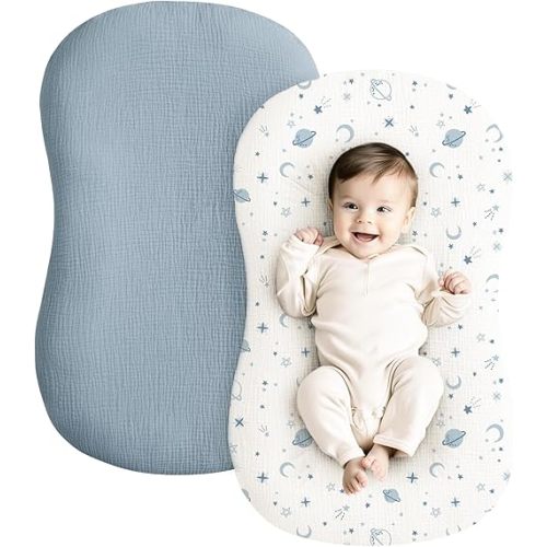 Konssy Muslin Baby Lounger Cover 2 Pack, 100% Cotton Newborn Lounger Cover, Soft and Breathable Lounger Cover for Boys Girls, Covers Only (Star,Blue)
