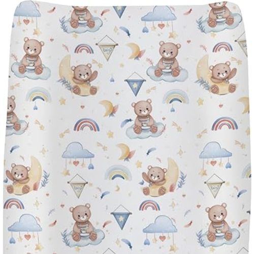 Watercolor Bear Rainbow Blue Changing Pad Covers for Baby Boys Cute Bears Moon Stars Clouds Fitted Change Table Covers Mats Animal Soft Diaper Changing Table Sheets for 32''×16'' Contoured Pad