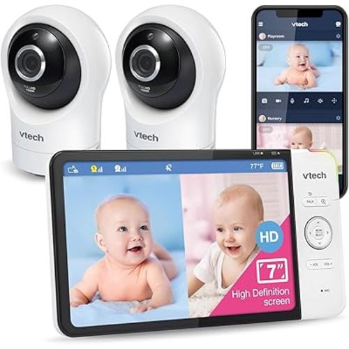 VTech RM7764-2HD Smart WiFi 2 Camera BabyMonitor, 360° Pan&Tilt, 10X Zoom, 7” HD Display & NightVision, Soothing Sounds, 2-Way Talk, Temperature & Motion Detection