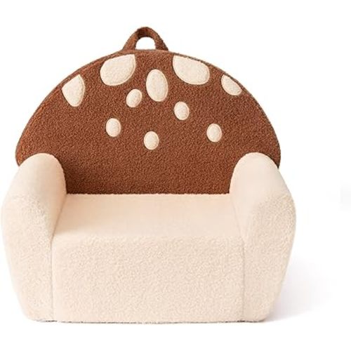Blissful Diary Toddler Chair Comfy, Foam Kids Chair with Soft Teddy Plush, Toddler Reading Armchair with Cute Mushroom Designs- Brown