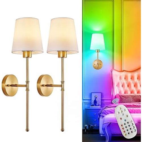 Depuley Battery Operated Wall Sconce: Set of 2 Wireless Wall Lights with Remote for Bedroom - Rechargeable 15 Colors Gold Wall Lamp for Living Room Hallway