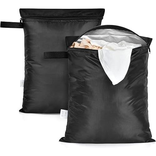2 Pack Wet Bag for Swimsuit and Towels 12 x 16 inch Waterproof Clothes Bag with Handle Zippered Oxford Cloth Wet Dry Sack Bag Wet Clothes Bag for Travel Gym Beach, 30 x 40cm Black
