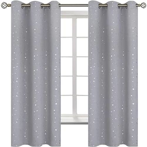 BGment Light Grey Star Blackout Curtains for Kid's Bedroom - Grommet Thermal Insulated Room Darkening Printed Curtains for Living Room, Set of 2 Panels (42 x 63 Inch, Light Grey)