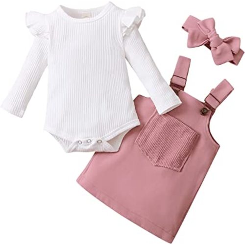 Kupretty Newborn Baby Girl Fall Clothes Ruffle Long Sleeve Ribbed Romper Suspender Skirts Headband Infant Winter Outfit