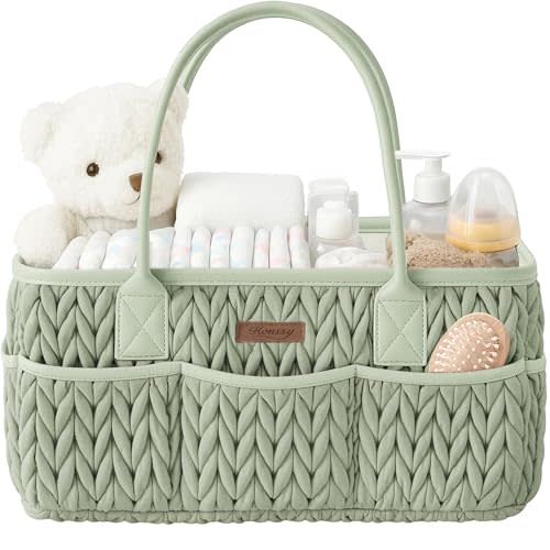 Konssy Braided Quilted Diaper Caddy Organizer, Boho Nursery Storage Basket with PU Leather Handles, Water-Repellent Portable Diaper Basket for Changing Table, Newborn Essentials (Fog Green)