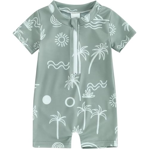 Hnyenmcko Infant Baby Boy Girls Rash Guard Swimsuit Short Sleeve Zipper Bathing Suit Toddler One Piece Swimwear Sunsuit - 3-6 Months - Cocoanut-army Green
