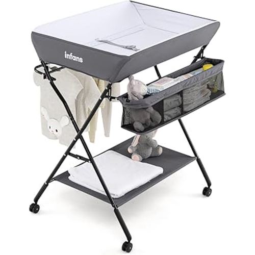 INFANS Baby Changing Table with Wheels, Portable Folding Diaper Station Nursery Organizer with Storage Basket, Hanging Rack, Adjustable Height, Safety Belt for Newborn Infant (Gray)