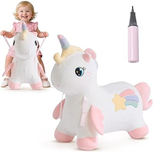 FUNLIO Unicorn Bouncy Horse, Rainbow Fairy Bouncy Animal for Toddlers 18 Months to 5 Years, Inflatable Bounce Horse with Air Pump, Removable Cover & Washing Machine Safe, CPC & CE Certified