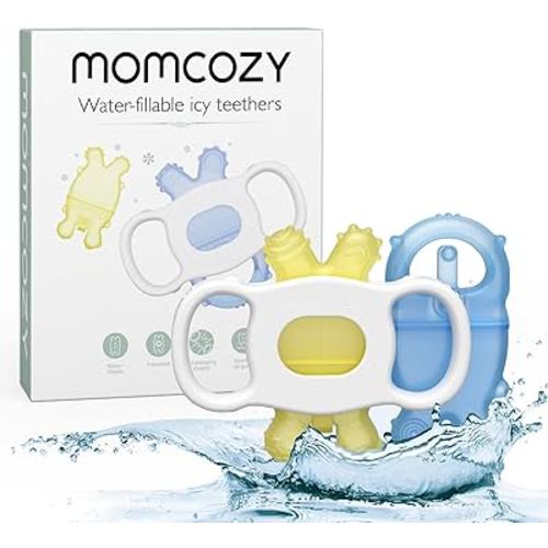 Momcozy Baby Teether Toys, Water Fillable Teether Silicone Cold Teether, Baby Teething Toys Chill Teether, Baby Water Teether for Teething Relief 0-12 Months, Blue and Yellow 2 Pcs
