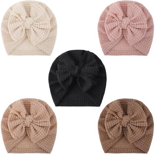 DRESHOW BQUBO 5 PCS Baby Cotton Hats Big Bow Knotted Headwrap Turban Baby Infant Beanie Baby Girl Soft Toddler Cap for Winter
